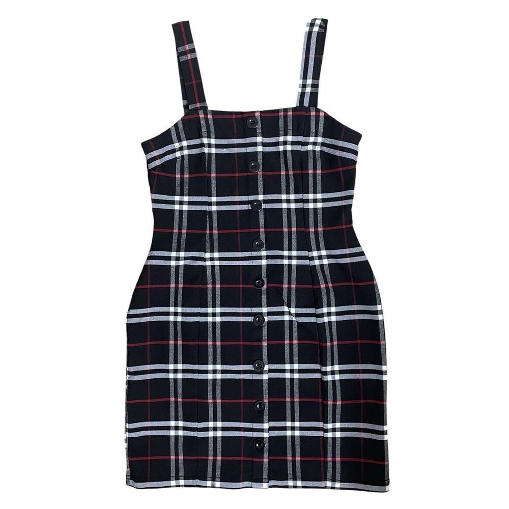 Cosmic Beauty Women Plaid Button Front Mini Dress Black White Red Size L